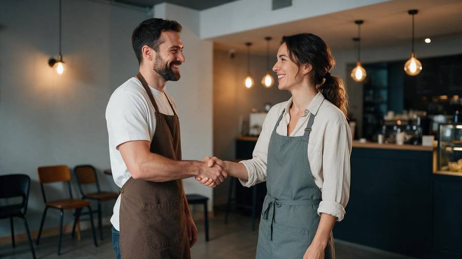 Two business partners shaking hands in their cafe