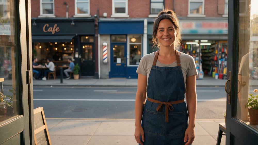 A business owner standing in the doorway of her shop on a busy street